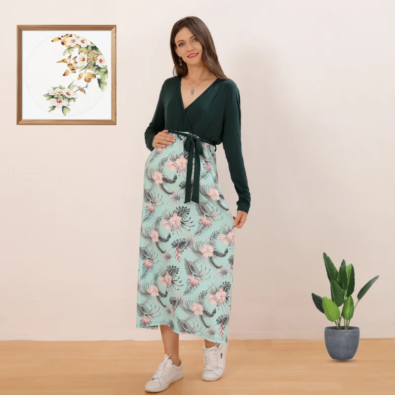 New Spring & Autumn Women Fashion Maternity Maxi Dress Casual V-Neck Floral Printing Patchwork Long Sleeve Pregnancy Clothes enlarge