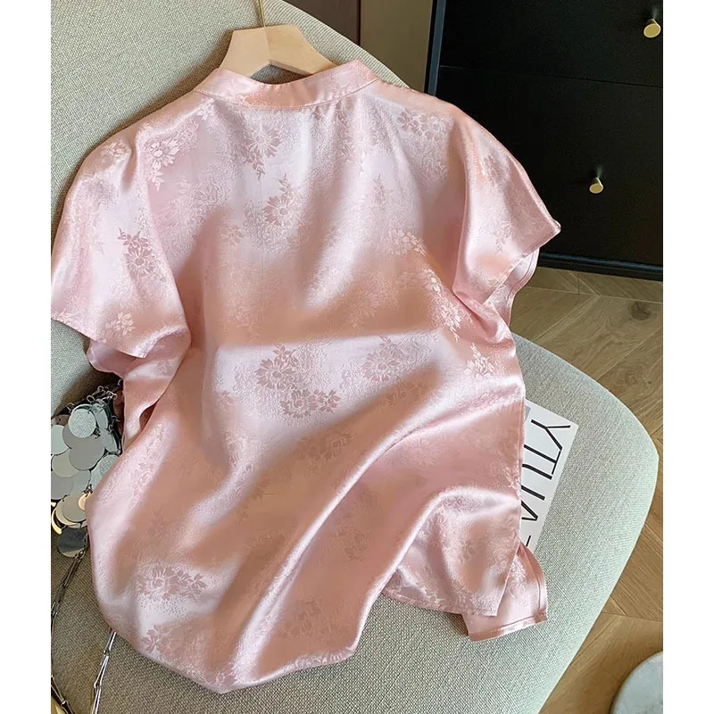 Розовый жаккардовый Cheongsam рубашка в китайском стиле топ Тан с короткими рукавами