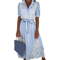 elegant women dress embroidery stand collar short sleeve hollow out summer single breasted lace up maxi dress beachwear vestidos