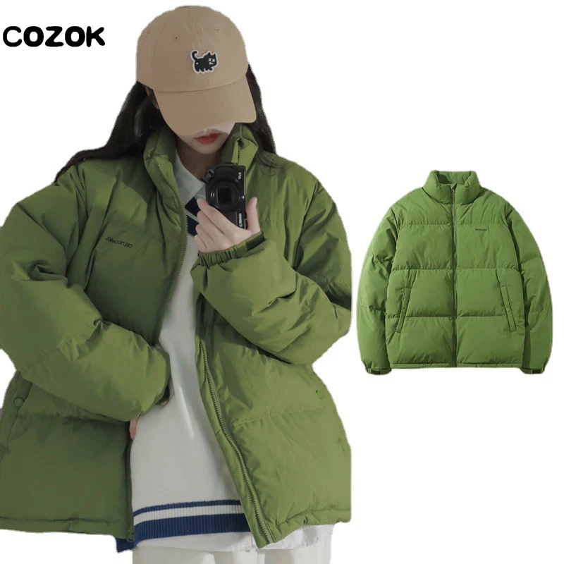 2022 Winter Oversized Green Down Cotton Jacket Women Fashion Zipper Stand Collar Thick Warm Puffer Coat Black Loose Parkas Coat