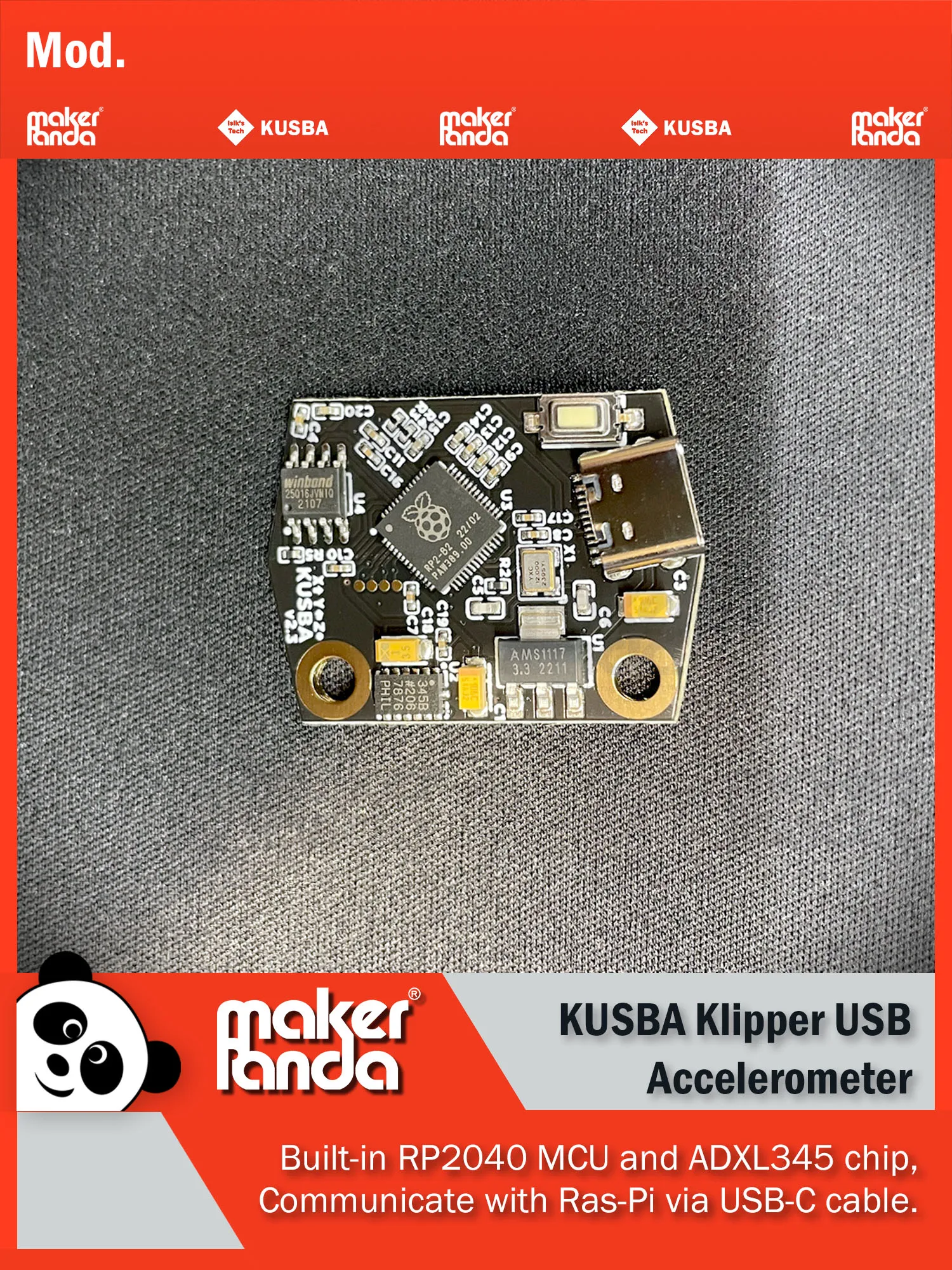 Акселерометр KUSBA USB ADXL345 PCB v2.3 для Klipper, разработанный Xbst и Isik's Tech для 3D-принтера «сделай сам» или Voron