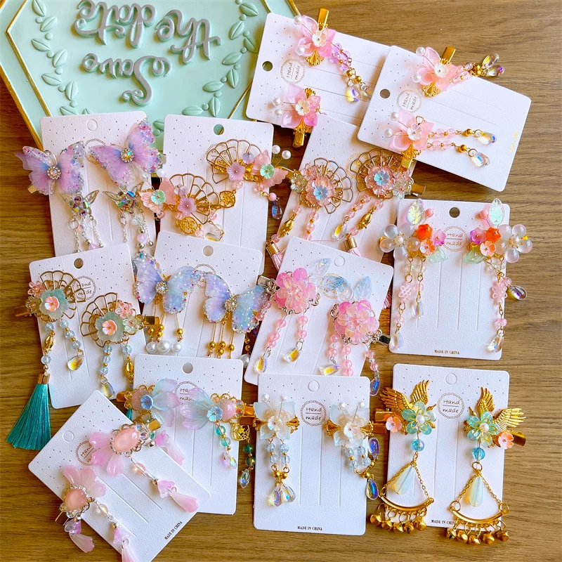 

2Pcs Chinese Style Hairpins Ancient Hair Accessories Tassel Ribbon Flower Girls Hair Clips Children Lovely Headdress Ornament