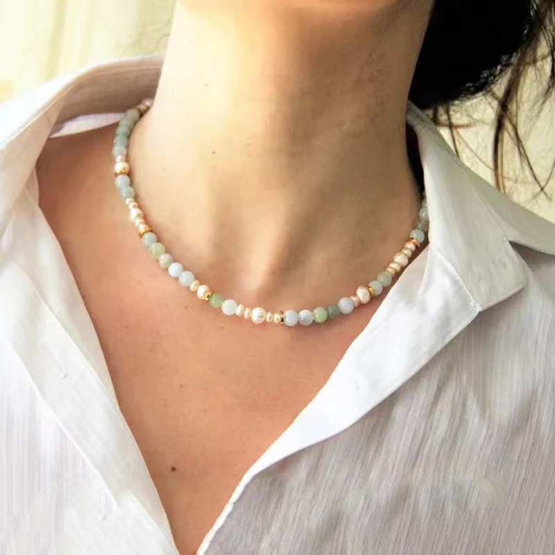 Summer New Blue Green Natural Stone Necklace Handmade Irregular Freshwater Pearls Embellish Jewelry Banquet Party Collar