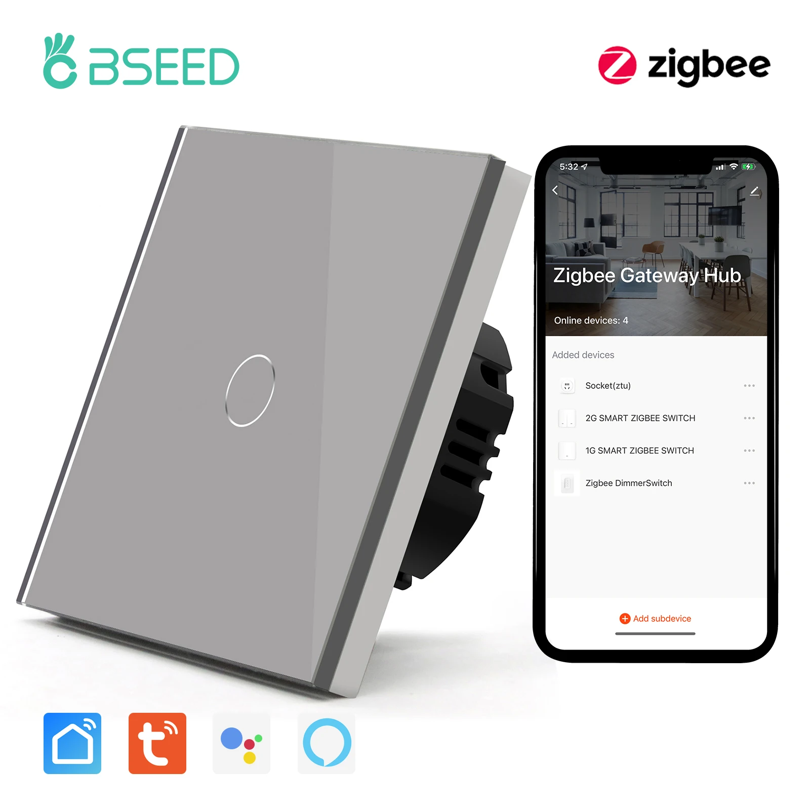 

BSEED Zigbee Smart Light Switch 1/2/3Gang Wall Touch Switches Google Alexa Tuya App Remote Control Gray Glass Panel No Neutral