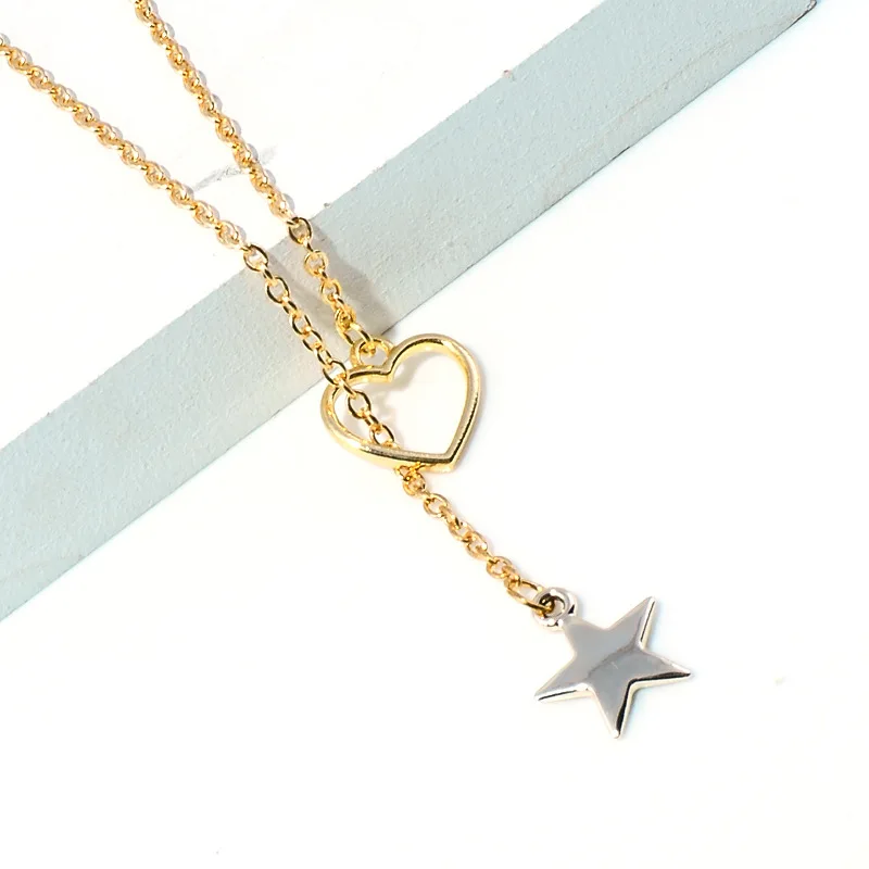 

European and American New Retro Heart Shaped Pentagram Necklace Fashionable Luxury Simple Personality Women Party Chain