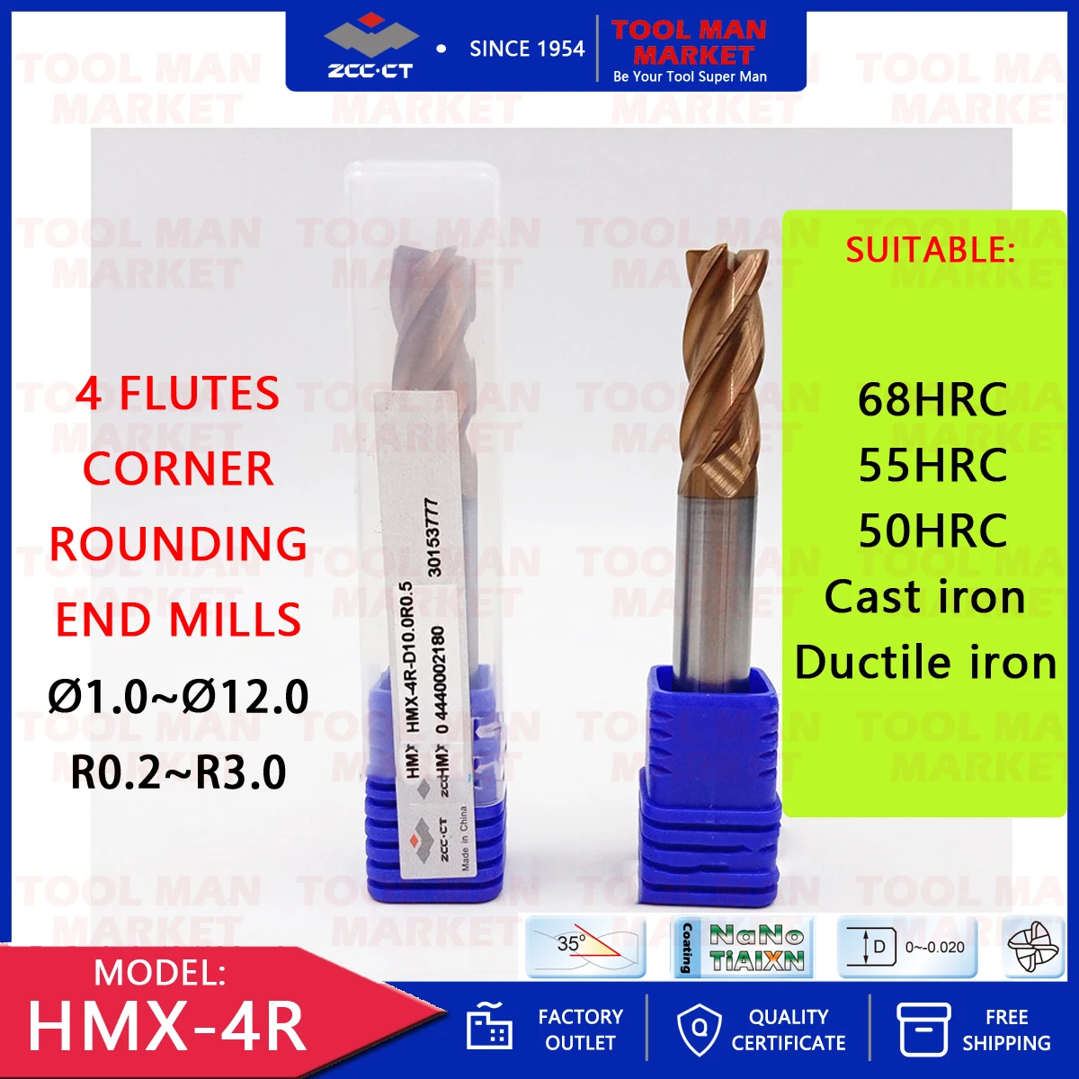 

HMX-4R ZCC.CT 4 FLUTES STRAIGHT SHANK CORNER ROUNDING HIGH HARDNESS END MILLS 68 55 HRC CARBIDE MECHANICAL BLADE MILLING CUTTER