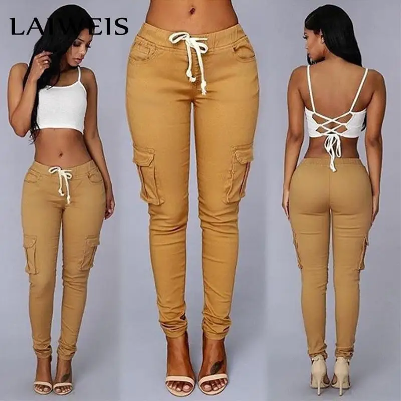 

LAIWEIS Pocket Pants Women Casual Skinny Trouses Straight Leg Pencil Pants Red Drawstring Sweatpants Black Stacked thin Pants