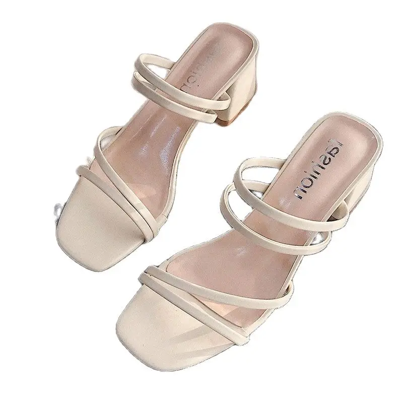 

NSWWYDZZ Summer Women' Sandals Simple Narrow Band Square High Heels Female Solid Casual Party Fashion Black Luxury Shoes 35-42