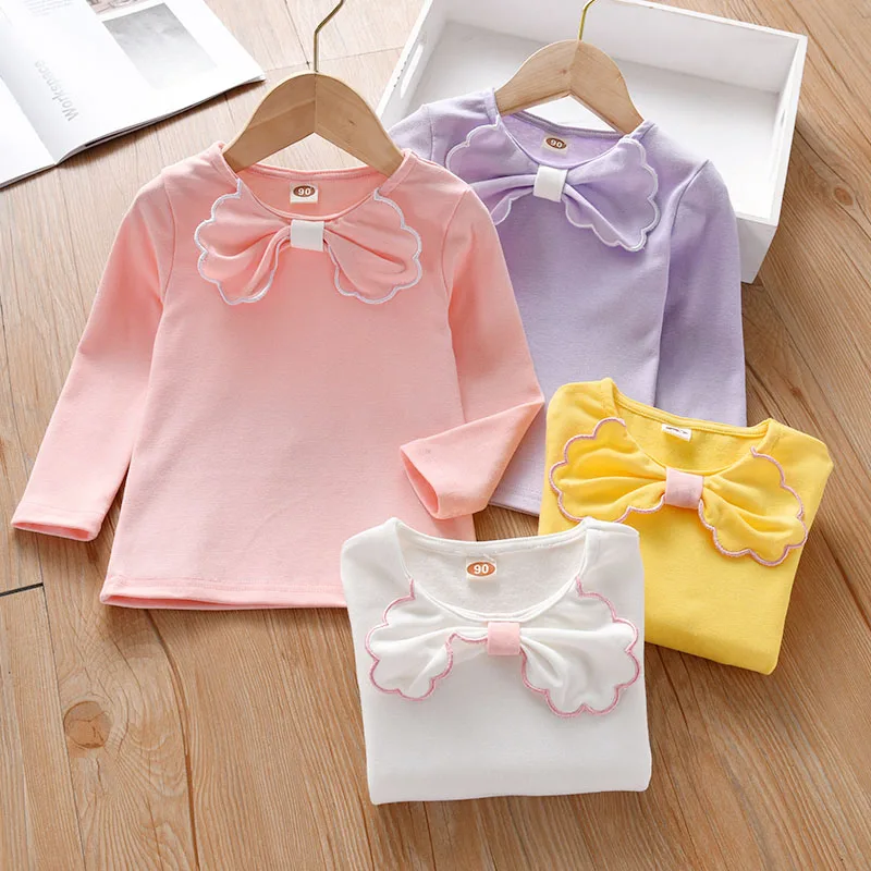 

Cute Long Sleeve T-Shirt Little Girls Clothes Spring 2022 Korean Fashion Kids Solid Color Bowknot O-Neck Children Basic Tees Top