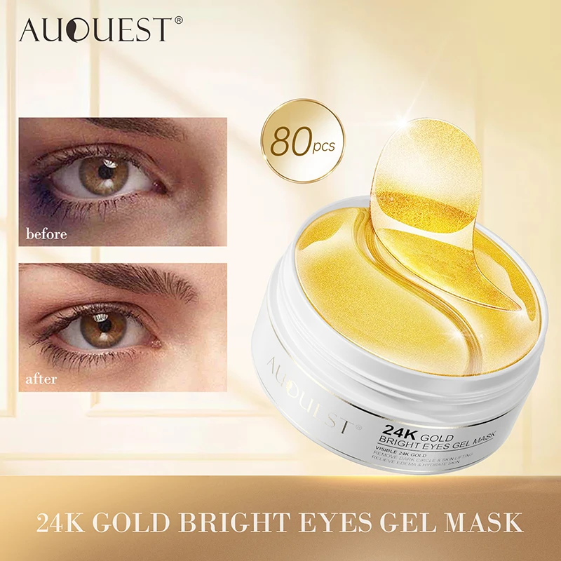 AUQUEST-Parches dorados para mascarilla, 80 piezas, 24K, para eliminar el Lifting de la piel de los ojos, alivia los edemas, bolsas de ojos, mascarilla facial, cosméticos