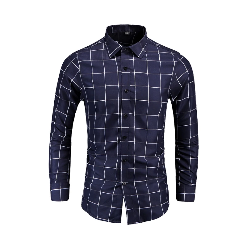 

2022 Autumn Plaid Patchwork Formal Shirts for Men Slim Long Sleeve White Button Up Shirt Dress Business Office Camisas