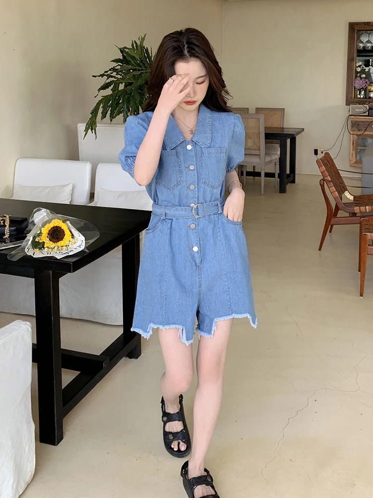 

2022 Summer Short Sleeve Denim Jumpsuits with Belt One Piece Shorts Sets Women Vintage Loose Casual Jeans Overalls Rompers L86