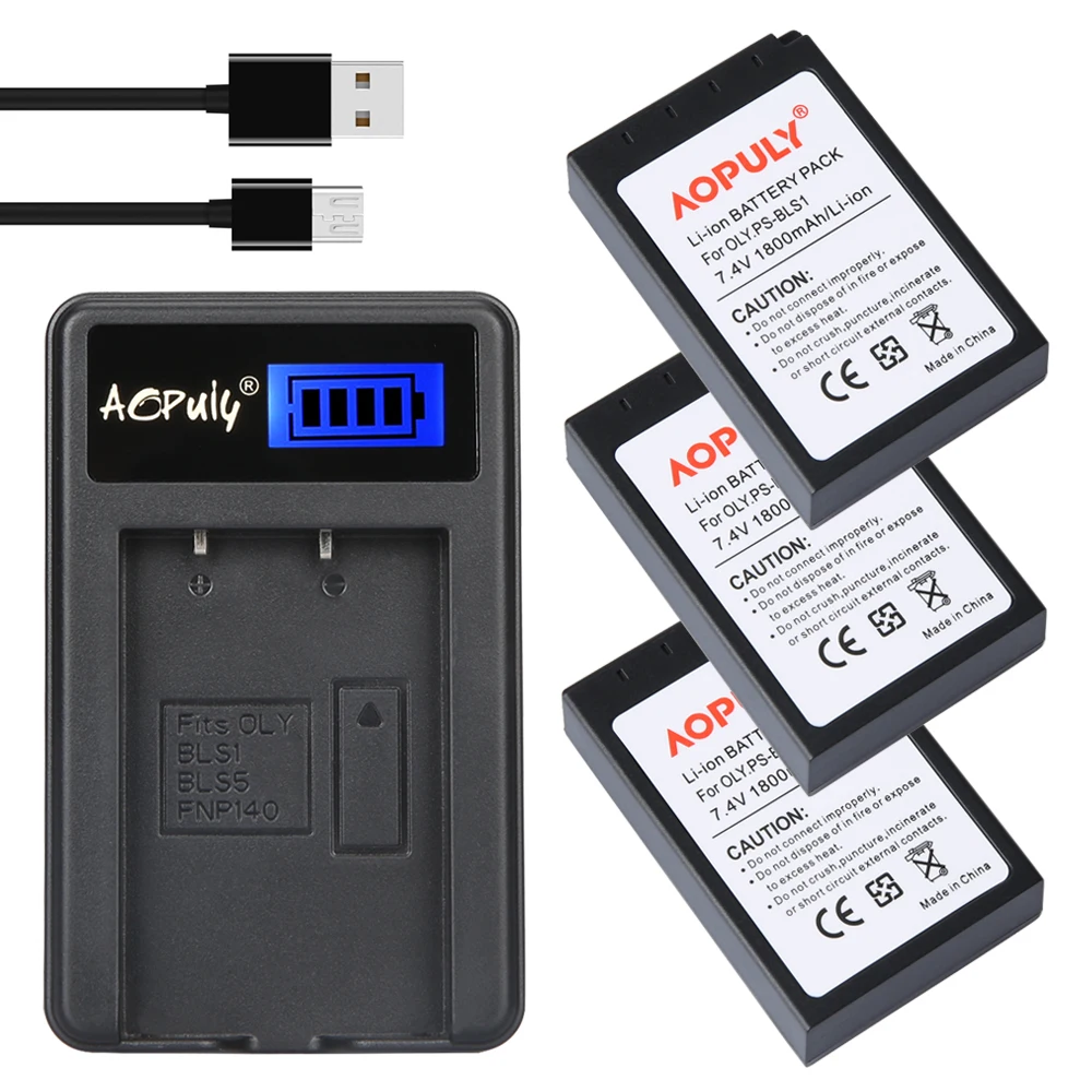 AOPULY 3Pcs PS-BLS1 PS BLS1 Battery + LCD USB Charger for Olympus PEN E-PL1 E-PM1 EP3 EPL3 Evolt E-420 E-620 E-450 E-400 E-410