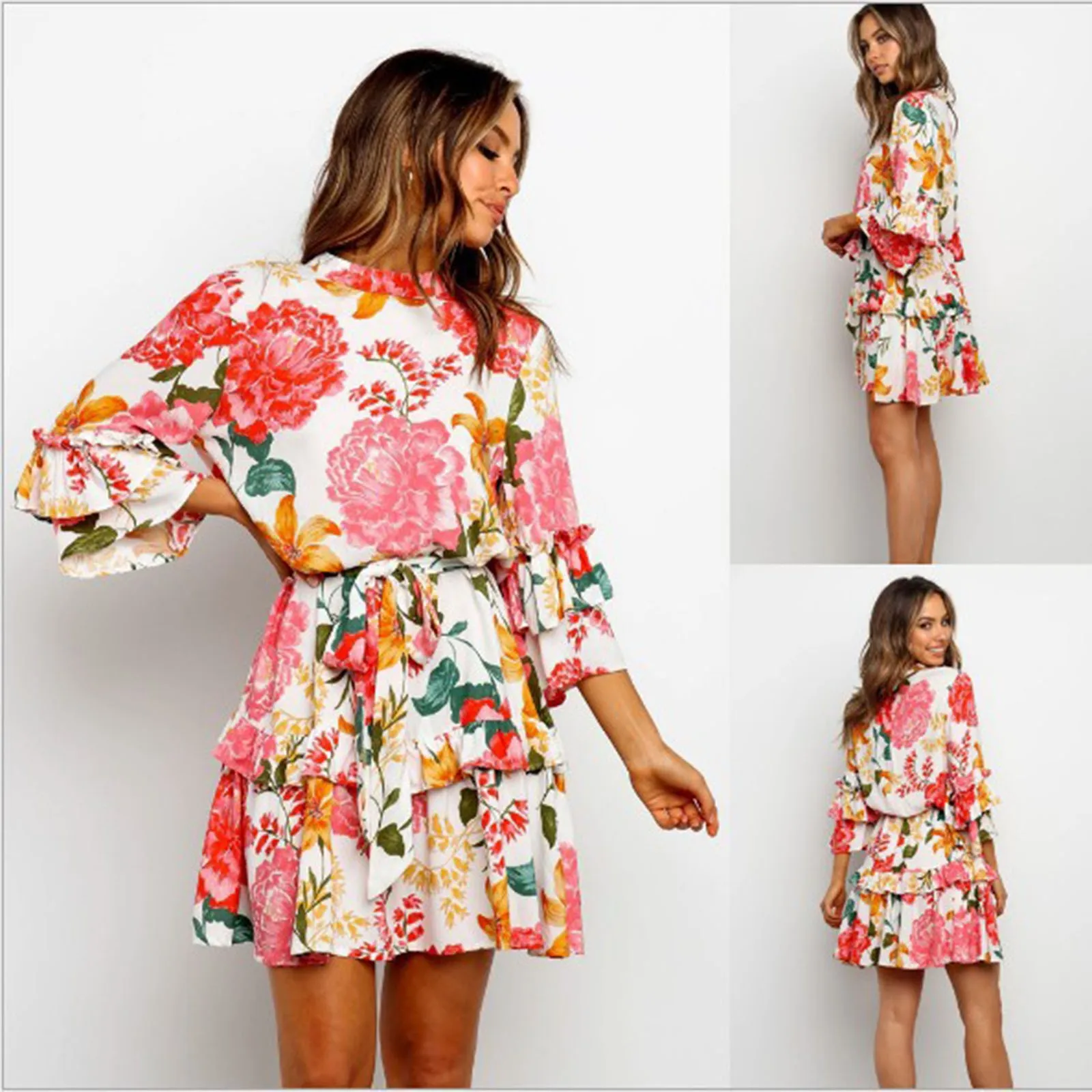

2023 Dresses Polyester 3/4 Sleeve Home Lady Fashion Runway Summer Silk Dress Women'S Lantern Sleeve Floral Print Vintage Short