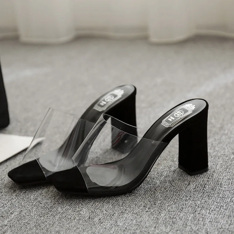 

Transparent Slippers Summer Women's Shoes Pantofle Heeled Mules Med Square heel 2022 High Soft Block Bling Basic Round Toe Lace-