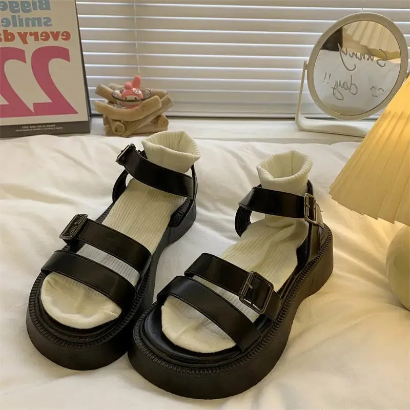 

Harajuku Gothic Punk Sandals Women Chunky Platform Wedges Demonia Black Leather Shoes Casual Summer Beach Outdoor Roman Flats
