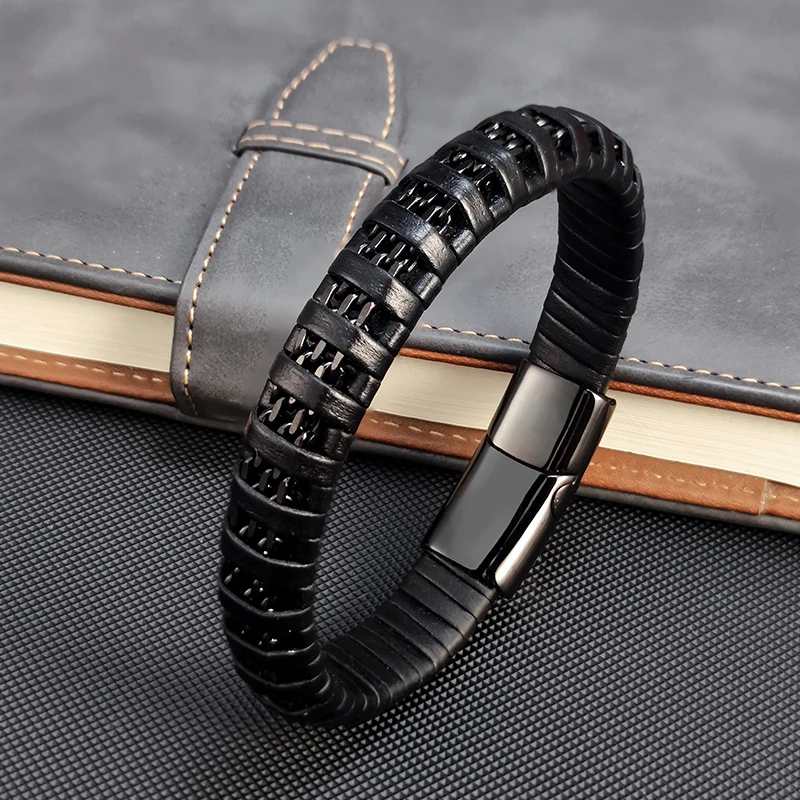 

2022NEW Charm Bracelet Retro Black Leather Woven 8mm Stainless Steel Chain Never Fade Men's and Women's Jewelry Chain Gift Boho