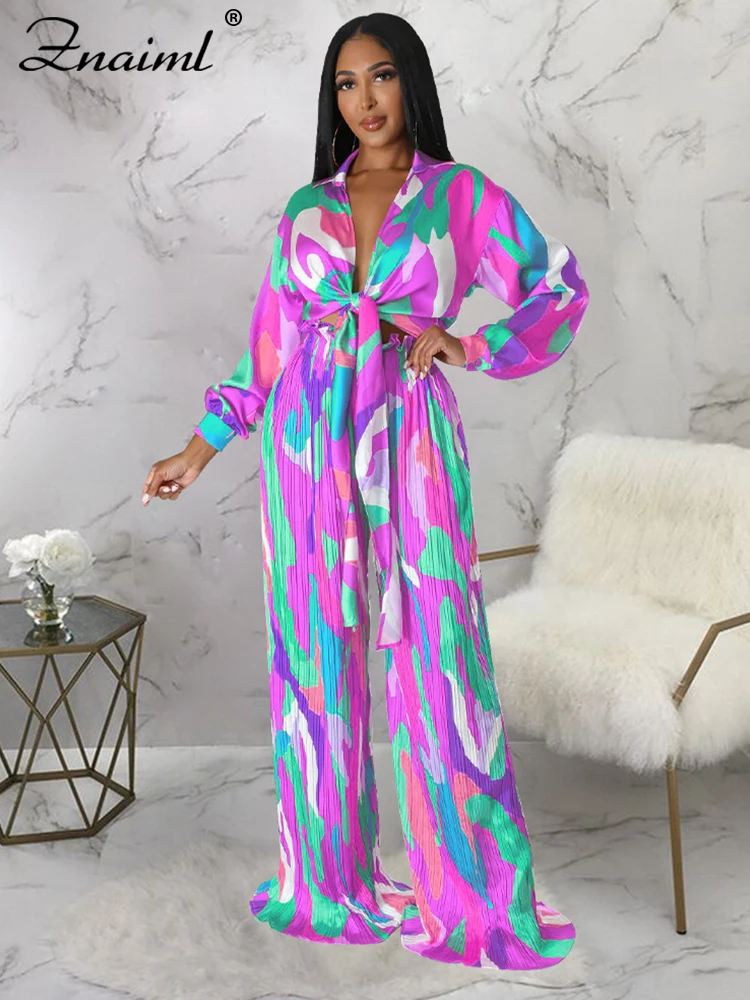 Znaiml Elegant Satin Long Sleeve Shirt Top and Pleated Wide Leg Pants Loose Outfits Women Aesthetic Printing Two Piece Set 2023 1