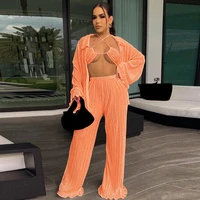wuhe pleated loose wide leg pants suit 2022 long sleeve shirt set straight trousers three piece sets fall women tracksuit