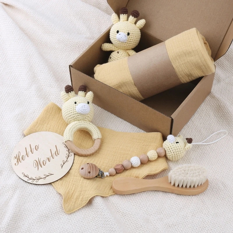 

Baby Rattle Toy Set Soother Clip Crochet Deer Dummy Chain Pacifier Clip Infant Teether Gift Set Newborn Shower Gift 7Pcs