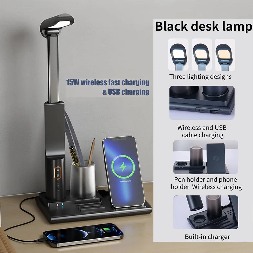 

6 in 1 Desk Lamp Foldable Wireless LED Table Lamps Bedside Lamp Reading Table Light with USB 15W Fast Charger for Office Bedroom