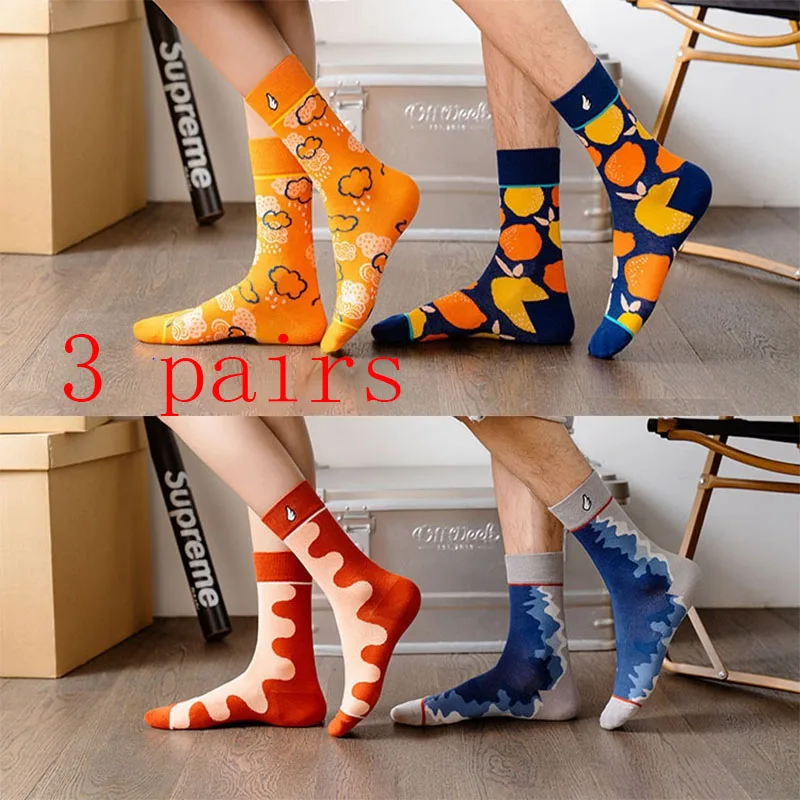 

(3 Pairs) New Couple Fashion Embroidered Combed Cotton Mid Tube Cotton Socks
