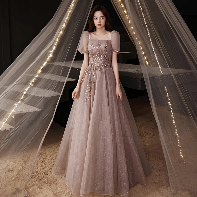 

Fairy Tulle Long Evening Dresses For Birthday Party Elegant Square Neck Sequin Appliques A-Line Floor-Length Prom Gowns 2022