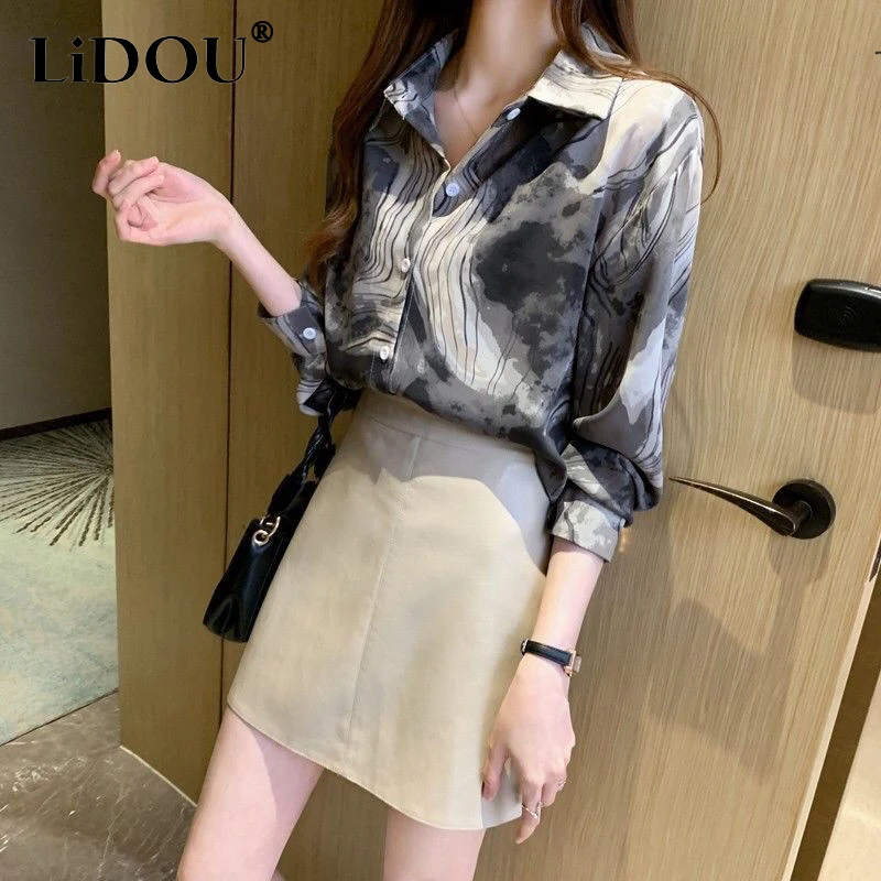 

2022 Summer Korean Style Vintage Ink Print Buttons Long Sleeve Shirt Women Elegant Fashion Temperament All-match Blouse Cardigan