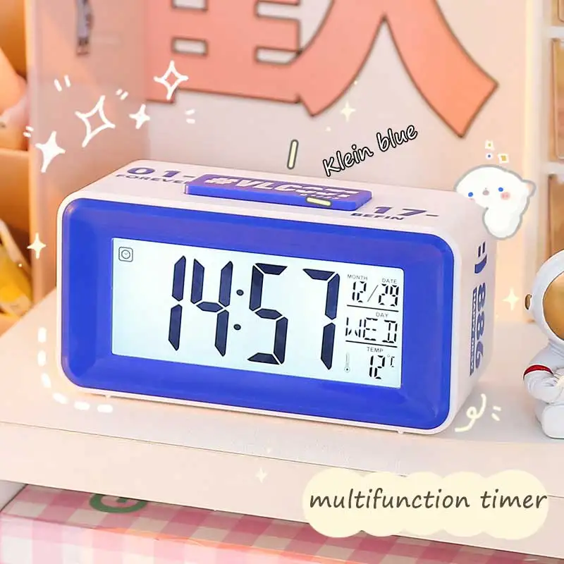 

Klein Blue Alarm Clock Student Clock with Snooze Alarm Self-discipline Artifact Children Desktop Electronic Clock Digital Clock