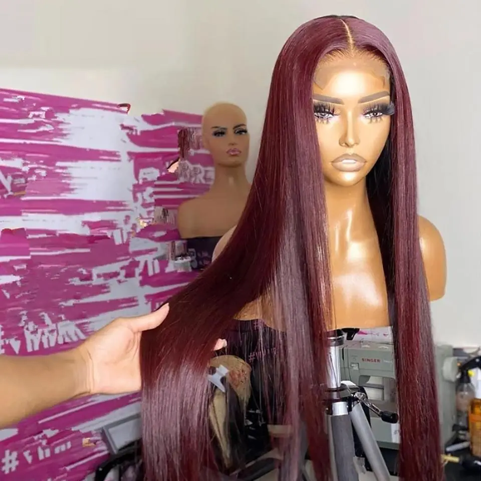 

HD Transparent Burgundy 99J Wine Bone Straight 13x4 Lace Front Human Hair Wigs For Women Glueless Red Colored Lace Frontal Wig