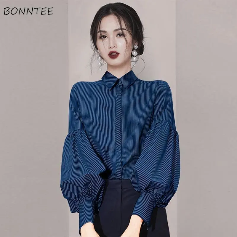 

Loose Shirts Women Lantern Sleeve Leisure Office Lady Elegant Temper Vintage BF Spring All-match Simple Striped Classic Fashion
