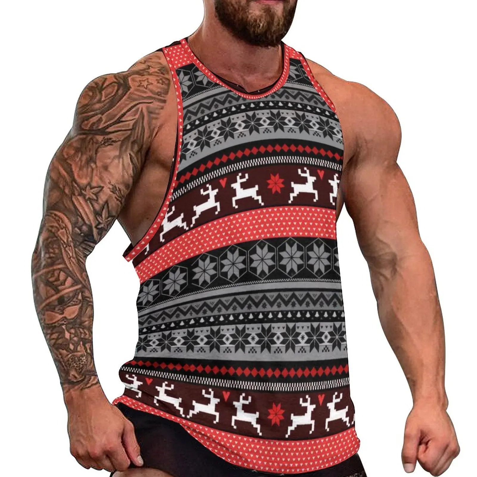 

Nordic Animal Summer Tank Top Red Fair Isle Pattern Gym Tops Males Pattern Cool Sleeveless Vests Large Size