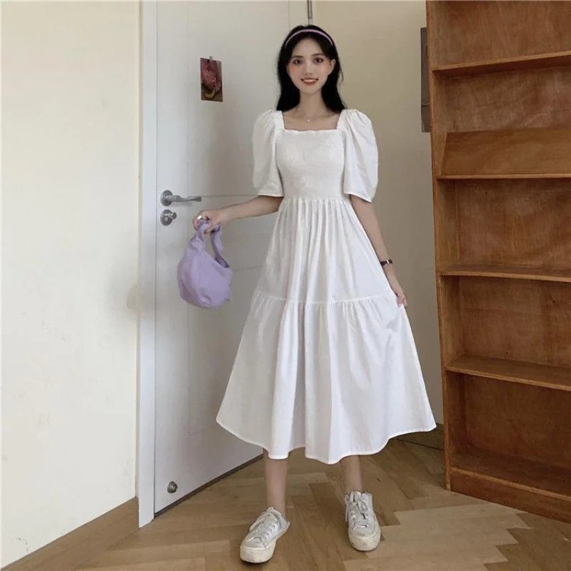 

High-waisted A-line Dress Summer New Square Neck Solid Color Puff Sleeve Dress Girly Student Vacation Versatility Dongdaemun