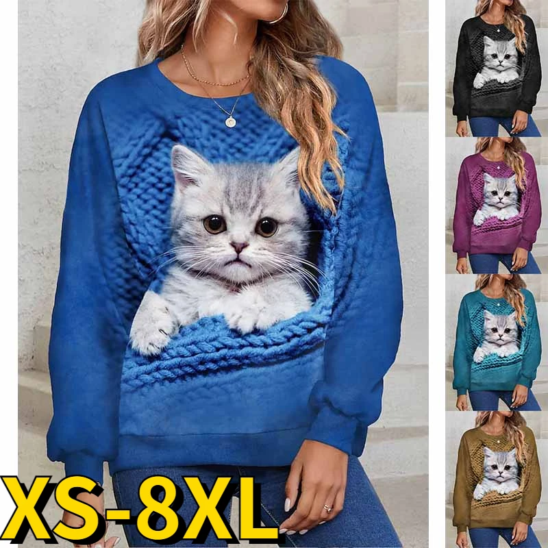 

2023 New Animal Printing Long Sleeve Winter Round Neck T-shirt Retro Tee Autumn Women's Everyday Street Elegant Tops Pullover