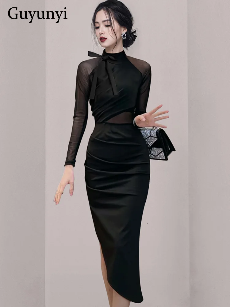 

Black Elegant Party Dress 2022 Spring High Neck Bow Embellished With Sexy Sheer Mesh Sleeves High Waist Tight Asymmetrical Dress