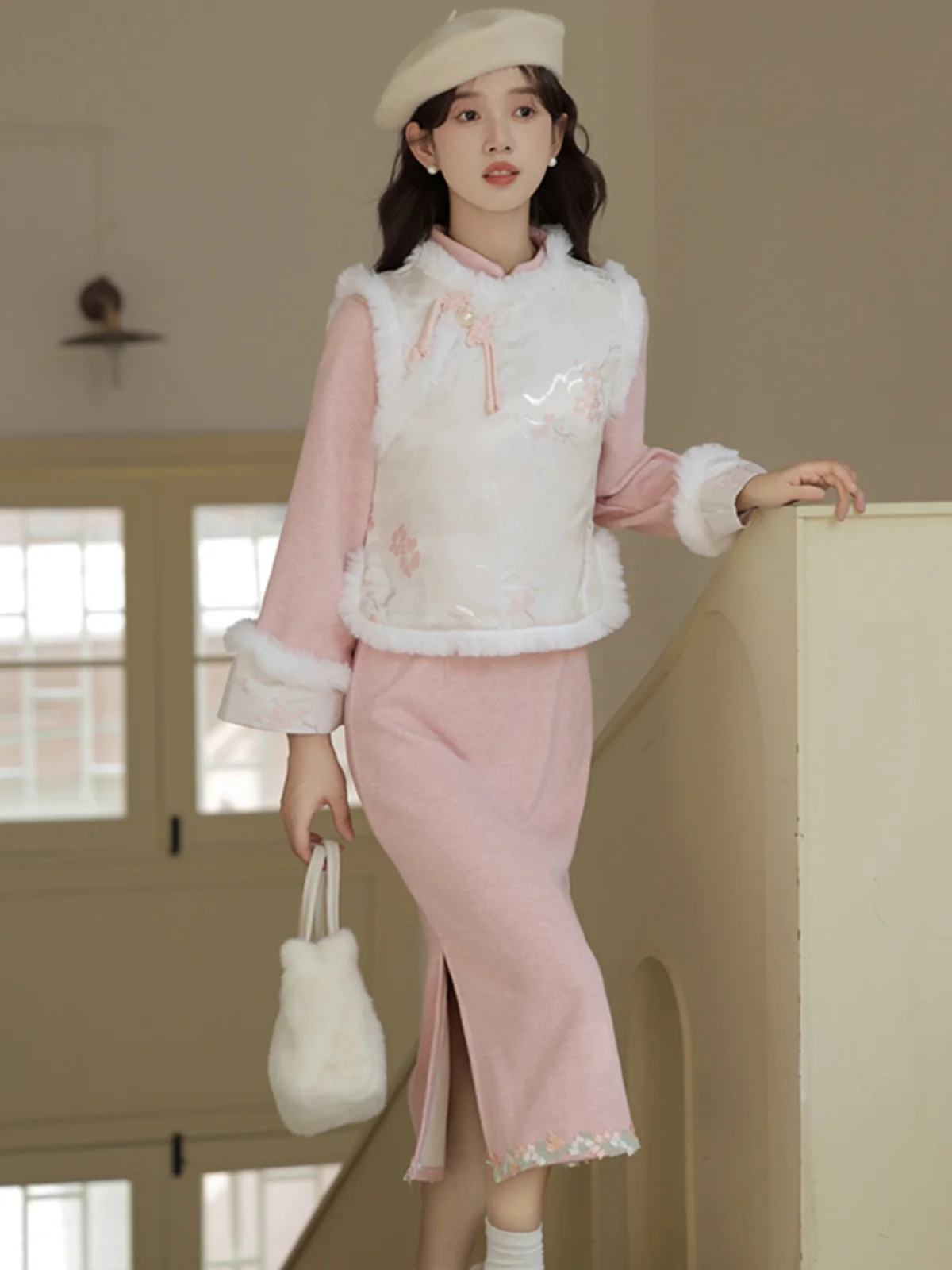 Маленькое улучшенное платье Hanfu National Sle для девочек розовый толстый жилет на