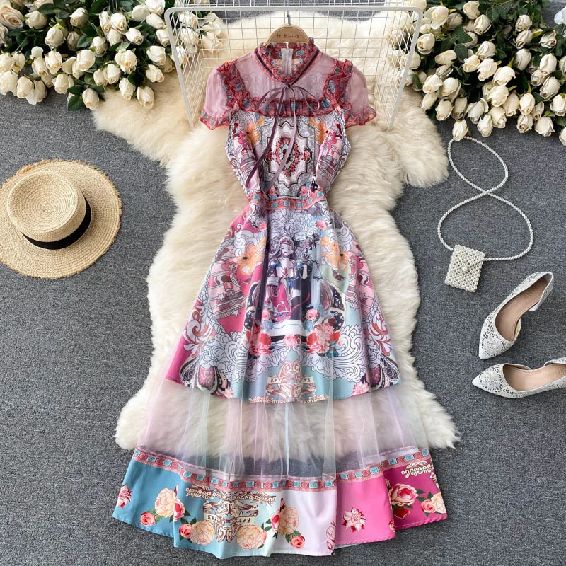 

Женское Сетчатое платье с коротким рукавом, модельное праздвечерние чное платье с оборками и бантом, элегантное Сетчатое платье с цветочны...