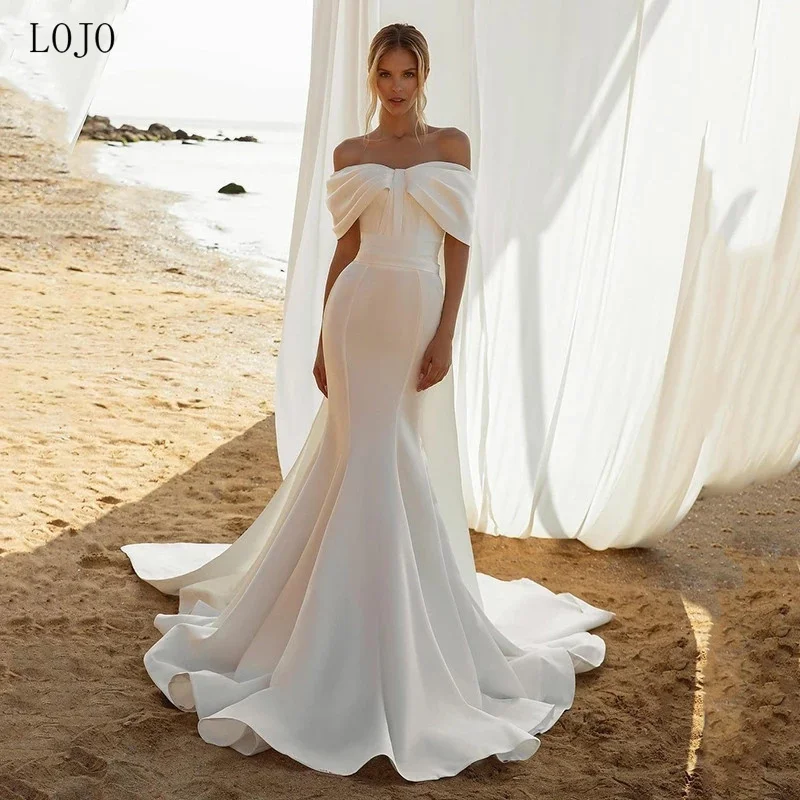 

LOJO wd221 Off Shoulder Mermaid Wedding Dresses Sleeveless Soft Satin Bridal Gown Illusion Back Wedding Party Gowns