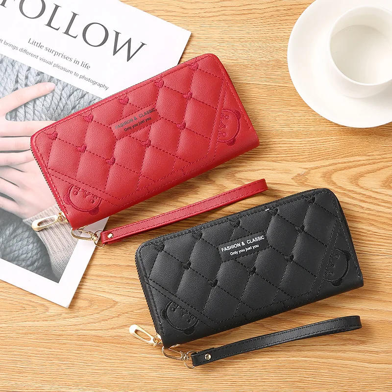 

New Women's Wallet Korean Fashion Medium Long Style Single Zipper Simplicity Multi Card Position Student Purse Embroidery Thread