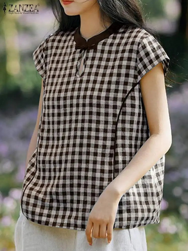 

ZANZEA Summer Cap Sleeve Shirts Casual Oversized Women Leisure Plaid Blouses Frog Button Stand Collar Checked Female Tunic Tops