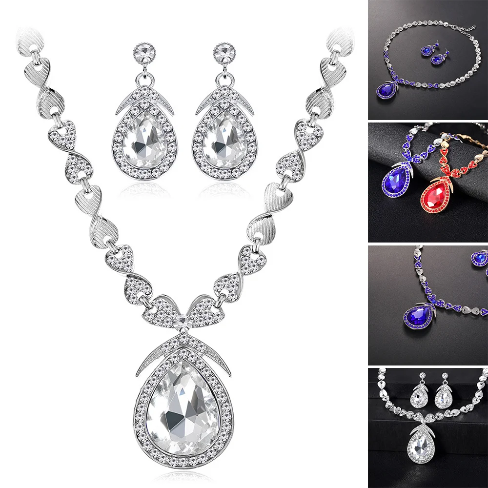 

Necklace Earrings Sets Rhinestones Water-drop Style Bridal Wedding Jewelry Clavicle Chain Earring Sets FS99