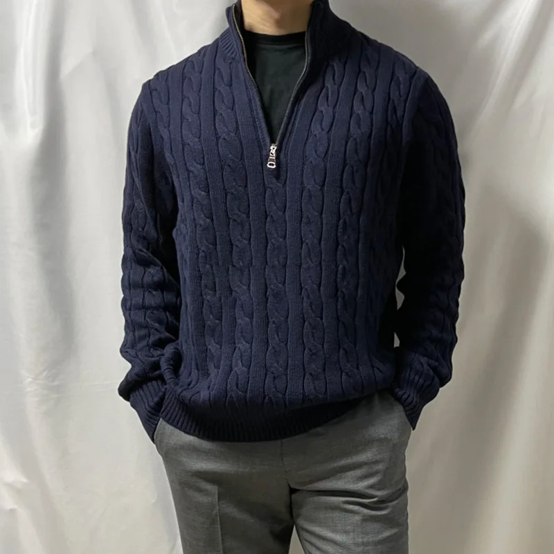 

Autumn Winter 100%Cotton Pullovers Sweaters Men'S Casual Stand-Up Collar Half-Zip Knitted Overcoat Fit 8509