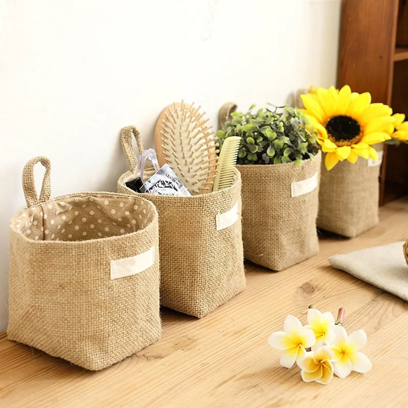 

High Quality Large Capacity Women Cosmetic Box Wall Hanging Bags Women Jute Cotton Linen Sundries Basket Cosmetic Bag