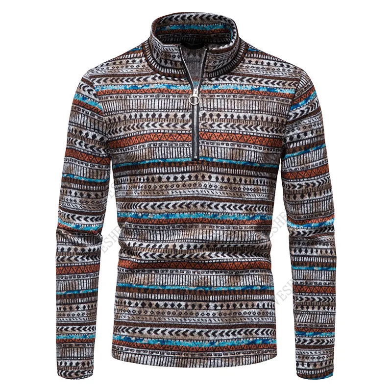 2023 Vintage Ethnic Print Sweater Men Winter Stand Collar Warm Pullovers Men Harajuku Streetwear Casual Sweaters Pullover Male