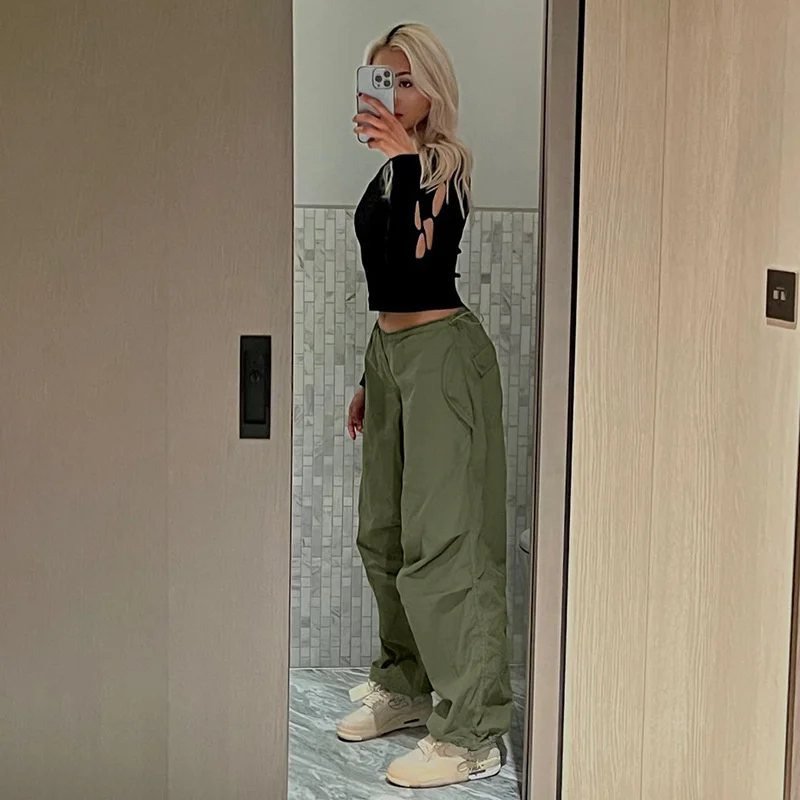 

Women Wide Leg Sweatpant Vintage Streetwear Punk Low Waist Drawstring Joggers Trousers Ladies Y2K Hippie Loose Solid Cargo Pants