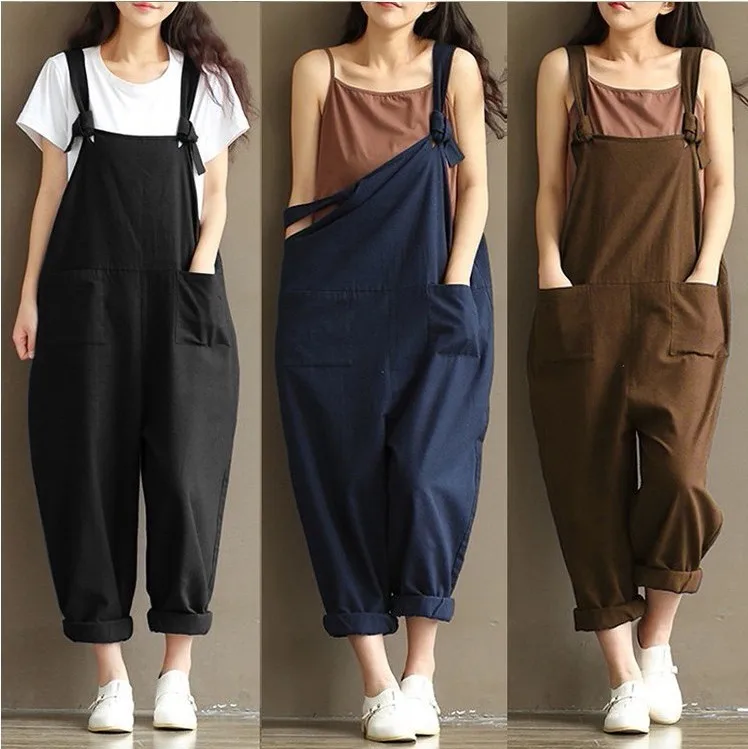 

2021 Summer Women Cotton Jumpsuits overalls Wide Leg Pants Sleeveless Pockets Bib Jumpsuit Siamese Trousers Large Size S-5XL30