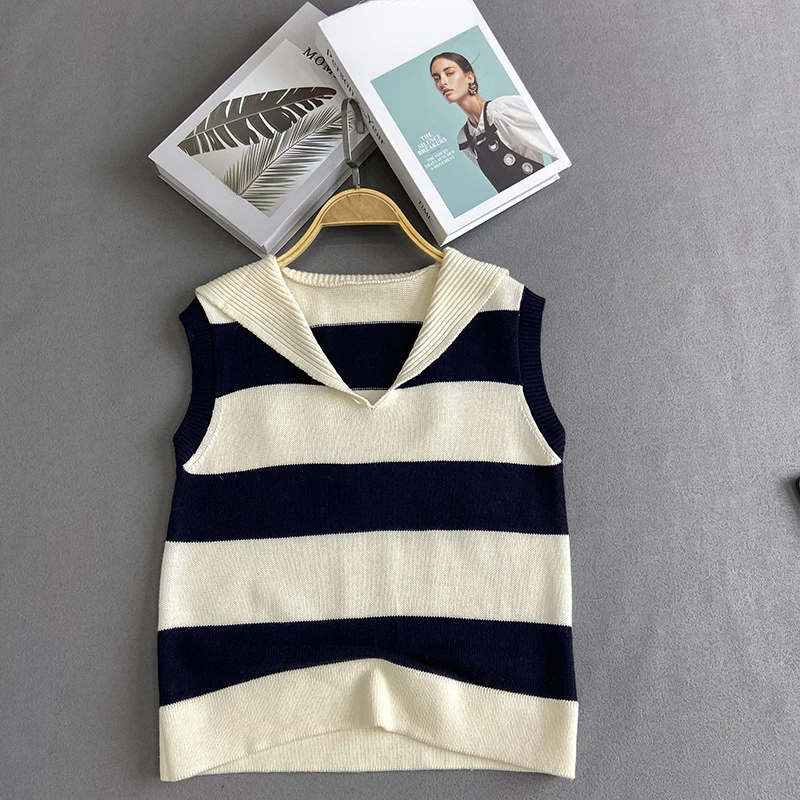 

146165 Fashion Classic Trendy Luxury Designer Summer New Casual Knitted Stripe Navy Collar Wool Sleeveless Vest Tank Shirt Women