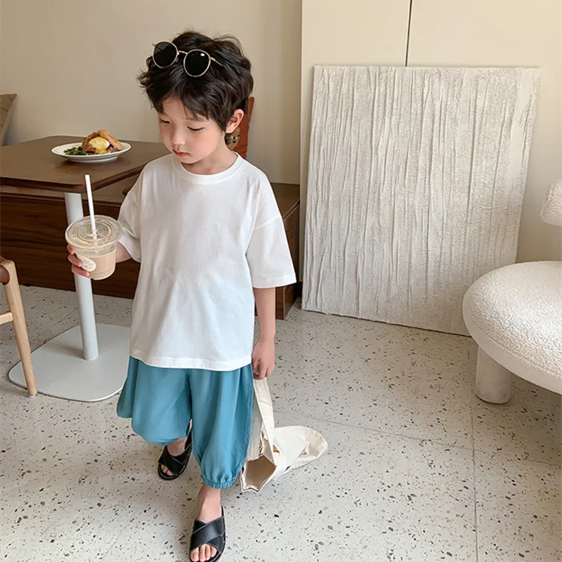 

2022 Summer Boys solid color short sleeve T shirts cotton loose casual Tops