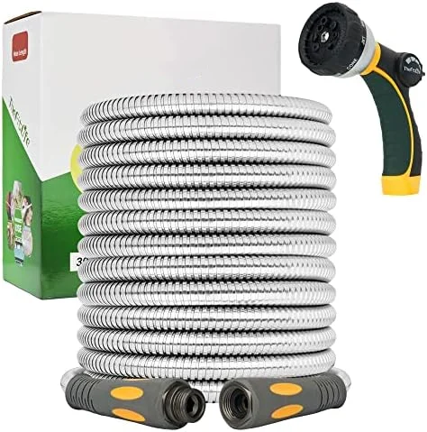 

POPTOP Flexible Metal Garden Hose - 50 FT Lightweight Water Hose with Solid Fittings and Sprayer Nozzle - Leak Proof, Kink Free