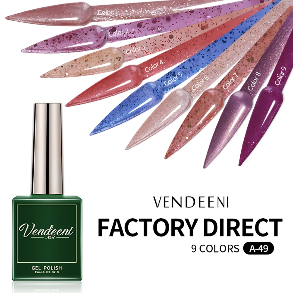 

Vendeeni 15ml Glitter Gel Nail Polish 9 Colors Semi Permanent Sequins Soak Off UV Gel Colorful DIY Nail Art Nail Varnish